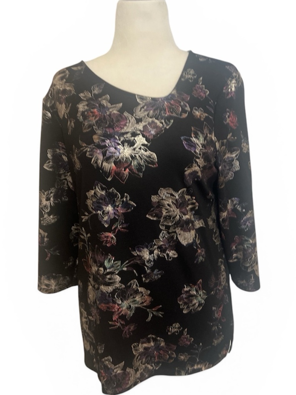 Chico’s Sz 2 (Large) Black Metallic Floral Top Asymmetrical Neckline 3/4 Sleeve